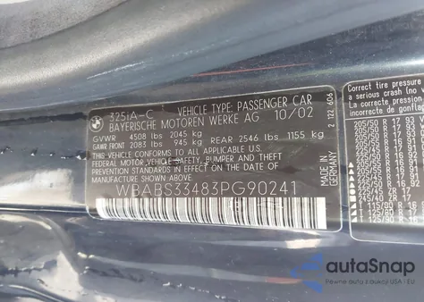 2003 BMW 325Ci z USA, uszkodzony, nr VIN WBABS33483PG90241